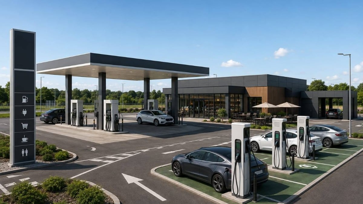 Imaginea prezintă o benzinărie modernă, dotată atât cu pompe clasice de carburant, cât și cu stații de încărcare pentru mașini electrice. În fundal se află o clădire cu magazin și zonă de servire, iar întreaga stație este amenajată într-un spațiu larg și luminos.