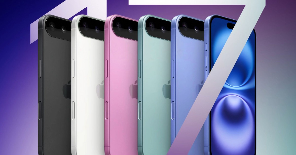 Mai multe modele de tip „macheta” cu iPhone 17, de culori diverse, aliniate deasupra unui fundal mov pe care se remarca cifra 17.