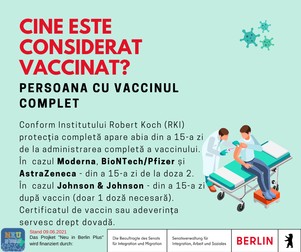 Exemplu de imagine informativă din cadrul Nou în Berlin Plus, un proiect al organizației Minor de „informare proactivă în rețele sociale pentru persoane nou venite în Berlin”, din iunie 2021. Minor derulează, printre altele, și un proiect de consiliere în limba română pe tema dreptului muncii - Consiliere de migrație 4.0 - și unul de consiliere juridică gratuită pentru îngrijitoare și îngrijitori români din Germania.