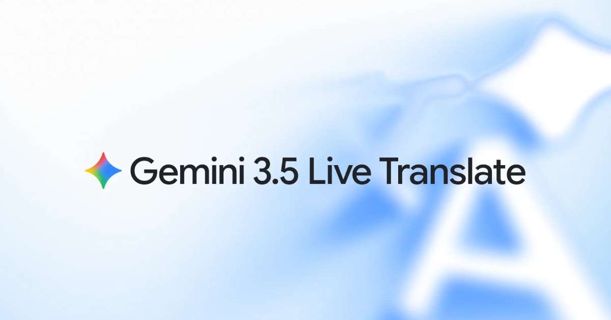 Logo-ul Google Gemini 3.5 Live Translate, pe un fundal albastru cu alb.