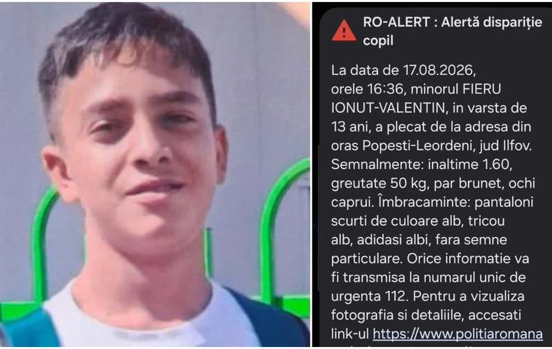 RO-Alert dat de două ori pentru găsirea unui copil dispărut din Popești-Leordeni. Ionuț Valentin Fieru a plecat ieri de acasă și nu s-a mai întors