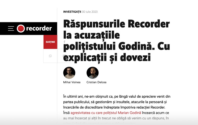 Răspunsul publicației Recorder la acuzațiile polițistului Marian Godină: „Nu toate informațiile pe care le afli pe parcursul unei documentări sunt relevante pentru materialul jurnalistic”