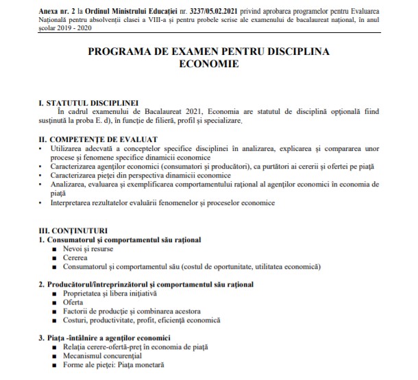 Programă economie Bac 2021