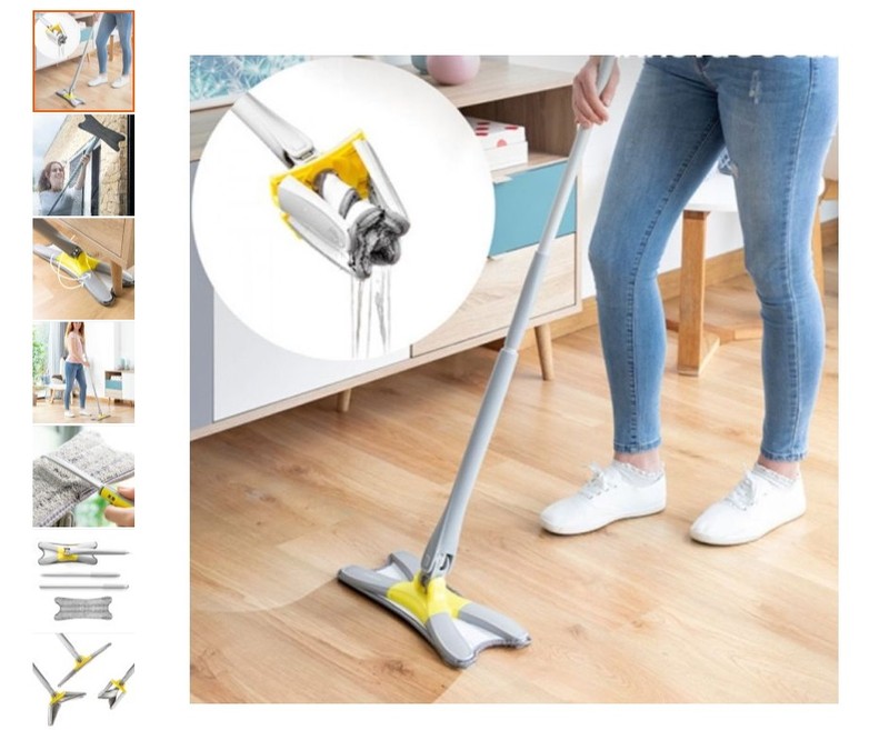 Mop cu burete din fibre și stoarcere tip X, cap rotativ 360°, braț extensibil