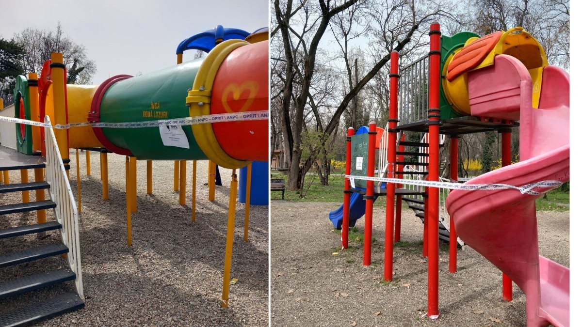 bandă ANPC plasată pe tobogane în Parcul Herăstrău