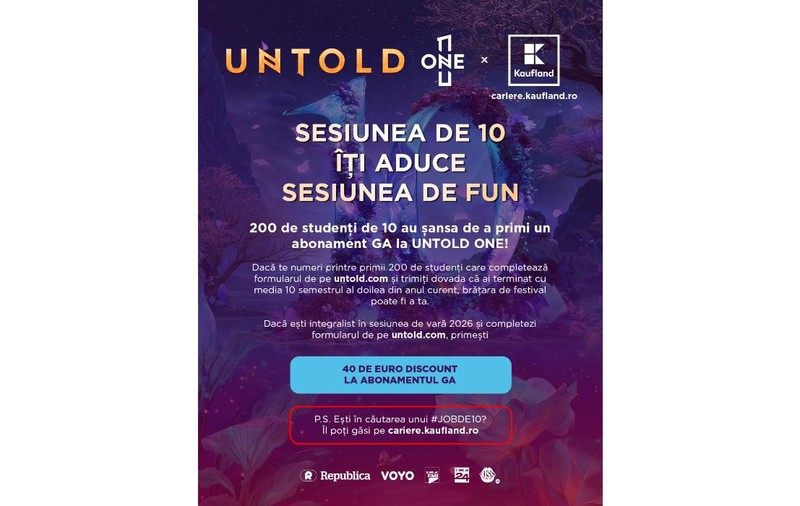 UNTOLD premiază performanța academică și anul acesta prin campania „Student de 10”. 200 de studenți cu media 10 în sesiunea de vară vor primi abonamente General Access gratuite la UNTOLD ONE