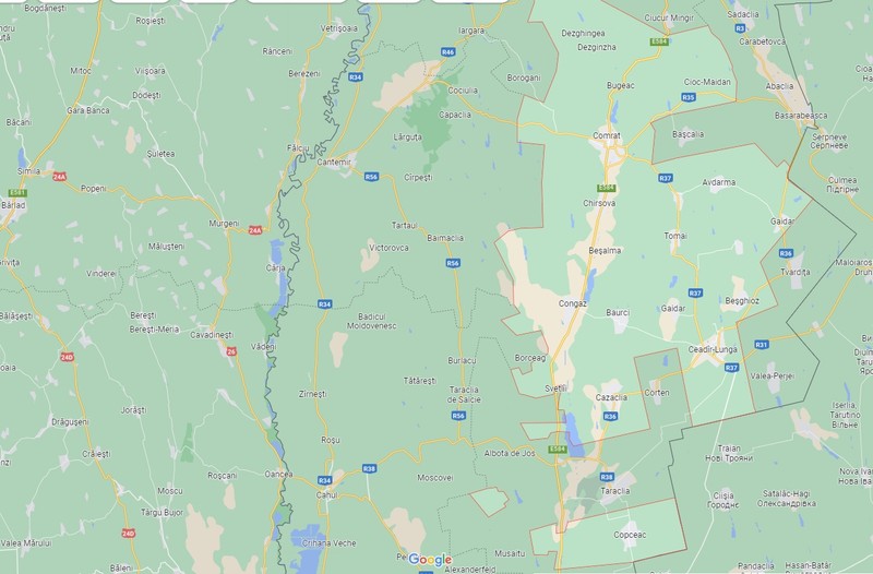 160 km sunt între Bârlad (în stânga hărții) și Comrat