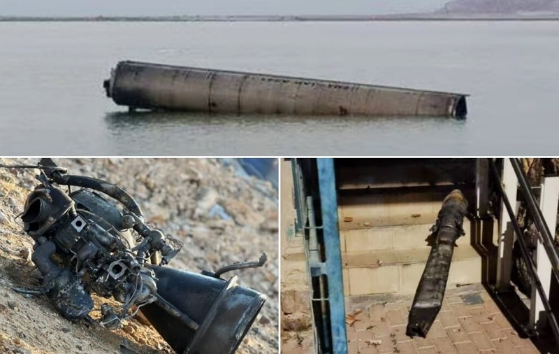 Imagini cu resturi de drone și rachete care au căzut în orașele israeliene din sudul țării. Un fragment a aterizat în Marea Moartă, lângă plajă