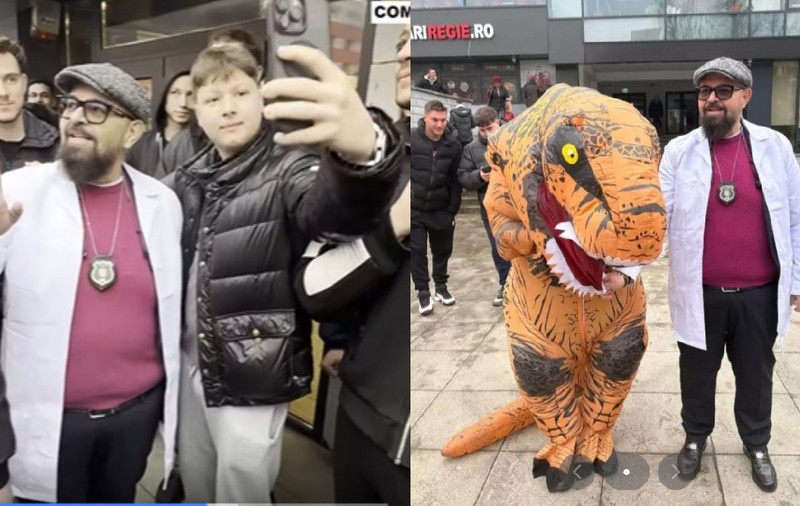 Piedone, în control la Cantina R3 din Regie. Directorul ANPC a fost primit cu urale de studenți și aplaudat de un om în costum de dinozaur