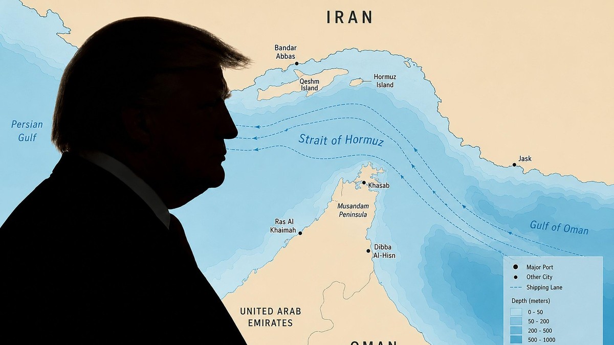 Silueta lui Donald Trump pusă lângă strâmtoarea Ormuz. Imagine cu caracter ilustrativ Sursa foto: Profimedia