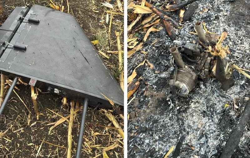 Fragmente dintr-o dronă rusească de tip Gerbera 2 căzută pe un câmp din raionul Florești, în nordul Republicii Moldova Sursa foto: captură Facebook/ Poliția Republicii Moldova