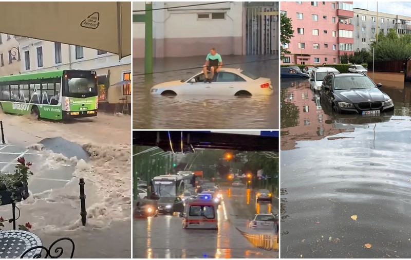 Potop în Brașov: șuvoaiele au inundat orașul după doar 30 de minute de ploaie, un șofer s-a aruncat în apă ca la piscină