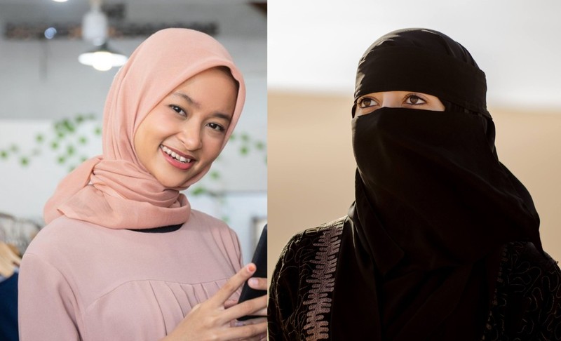 Foto stânga: o tânără poartă hijab, voal care acoperă părul, dar lasă fața vizibilă. Foto dreapta: niqabul acoperă parțial și fața, lasând doar ochii la vedere