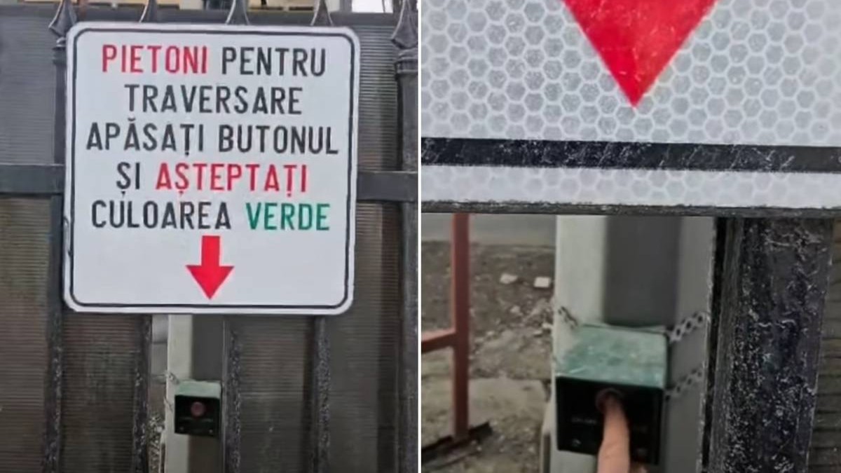 Colaj cu un semafor din Brașov, pentru culoarea verde trebuie sa bagi mana prin gard sa apeși butonul , se vede un indicator catre locul unde este butonul intr-o zona din gard taiata