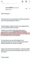 Răspunsul primit de la Alten Ltd. de un fost angajat Renault