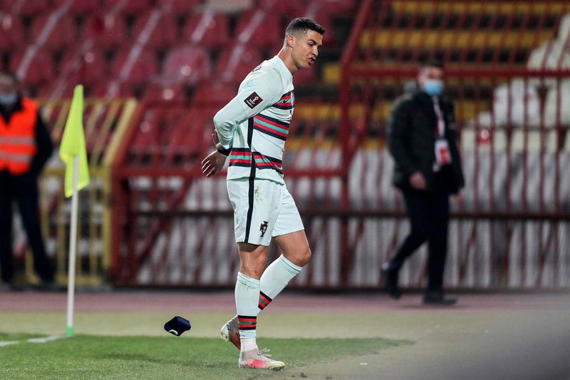 epa09102258 Portugal's Cristiano Ronaldo reacts after the Group A of FIFA World Cup Qatar 2022 qualifier match at Rajko Mitic Stadium in Belgrade, Serbia, 27th March 2021. EPA-EFE/MIGUEL A. LOPES