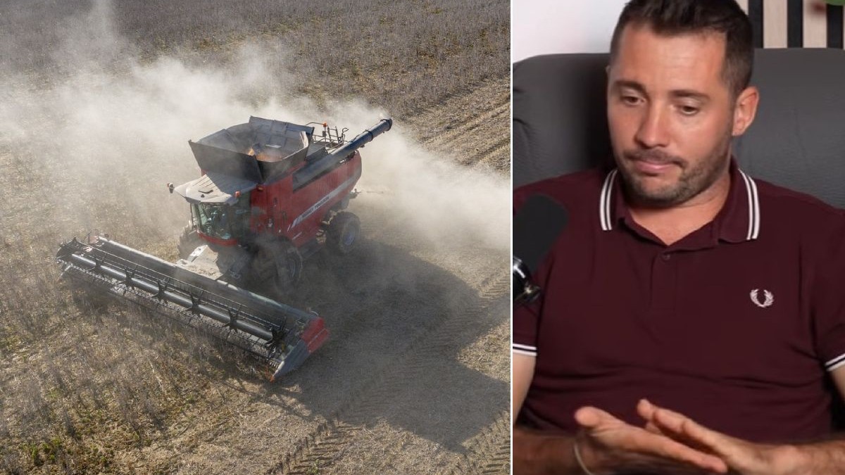 Colaj din două fotografii: în stânga este o vedere aeriană a unei combine roșii într-un câmp prăfuit, iar în dreapta este un bărbat tuns scurt, cu un tricou maro, așezat pe un fotoliu negru