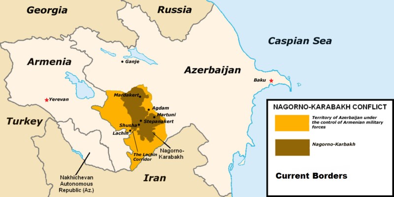 Harta regiunii Nagorno-Karabakh, motivul disputei politico-militare dintre Armenia și Azerbaidjan.