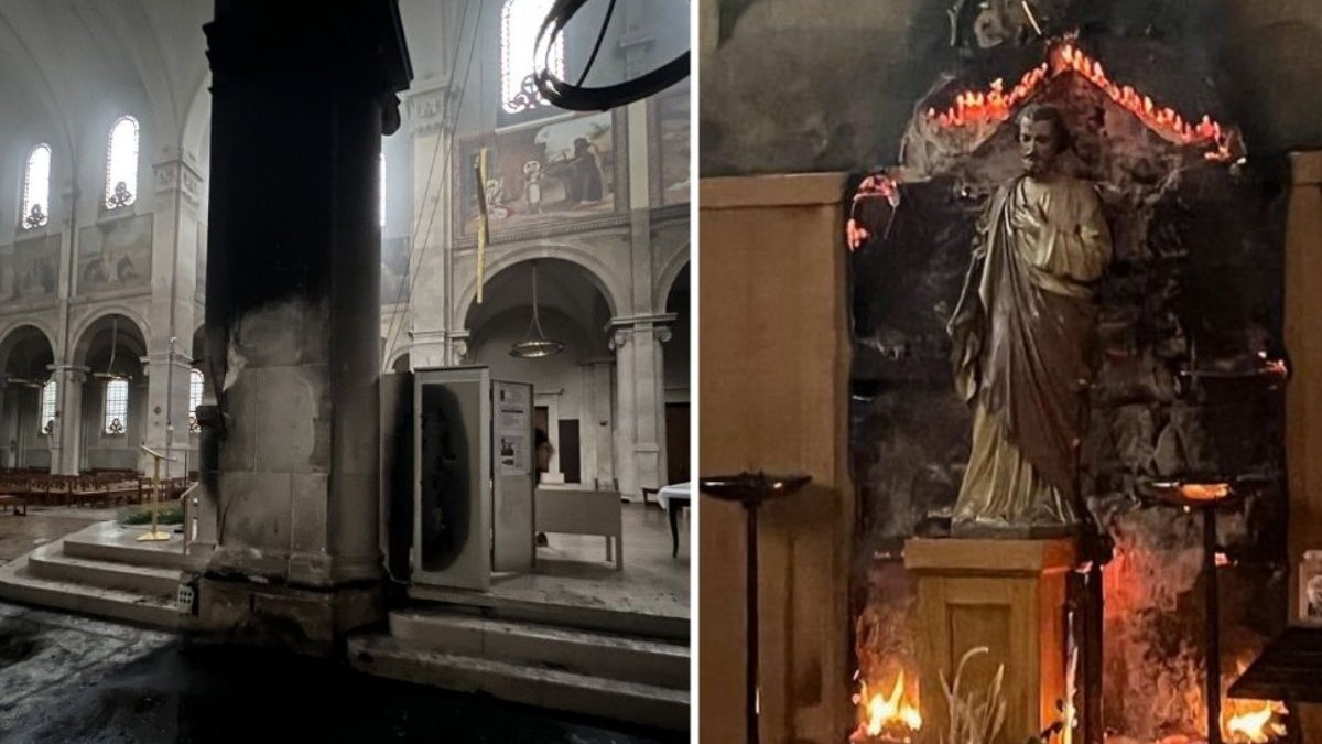Colaj cu incendiile de la Biserica Notre-Dame-des-Champs, din Paris, 23-25 iulie 2025, se vede in imagini o statuie cu Isus in flacari in dreapta, in stanga interiorul bisericii ars, Suspectul este Pagubele sunt estimate la 2-3 milioane de euro