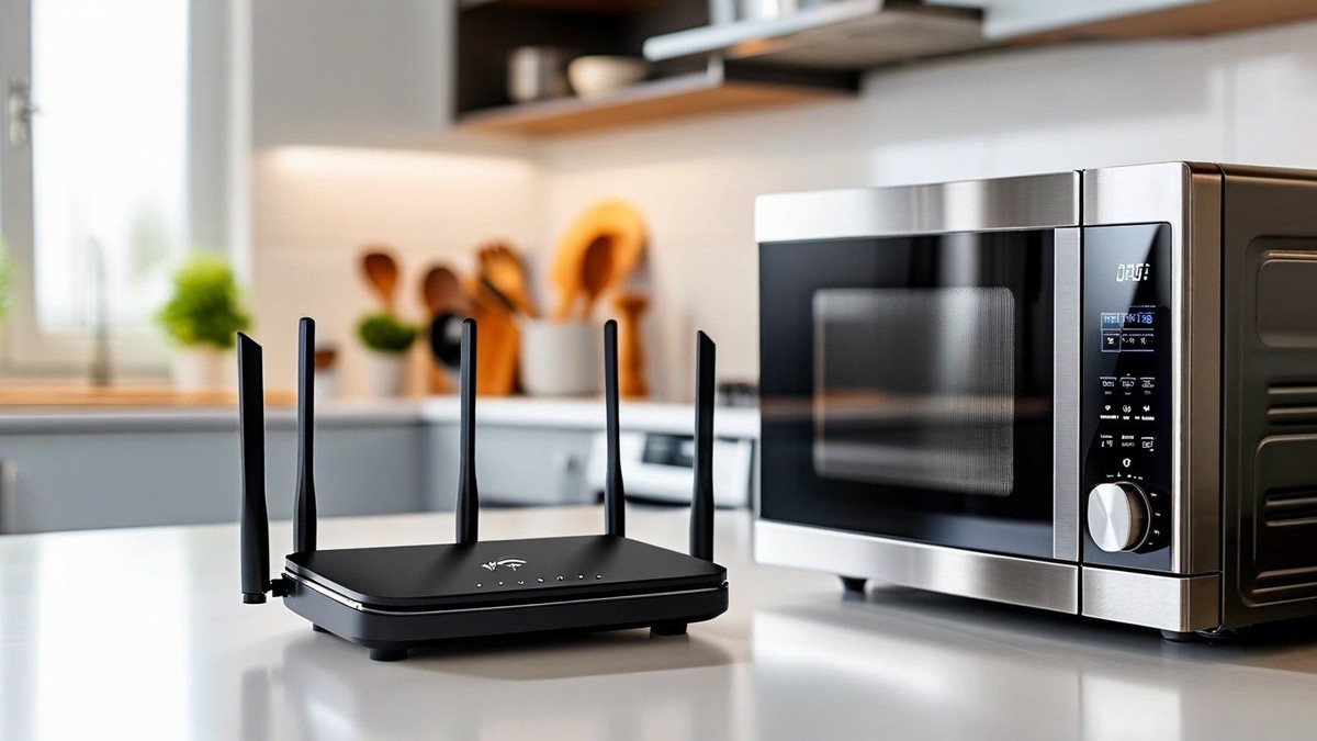 Imagine cu un router aşezat aproape de un cuptor cu microunde pe un blat de bucătărie
