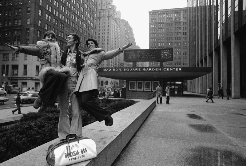 Romania's top-ranked gymnasts Nadia Comaneci, 14, left, and Dan Grecu, center, share in some fun with the-ranked American gymnast Ann Carr as they tour New York's Madison Square Garden, site of the first American Cup International Gymnastics competition, March 3, 1976.,Image: 600865040, License: Rights-managed, Restrictions: This content is intended for editorial use only. For other uses, additional clearances may be required., Model Release: no , Pictured: Nadia Comaneci; Dan Grecu; Ann Carr