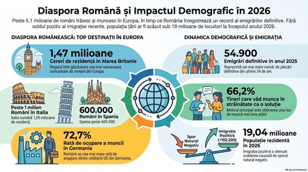 Diaspora română și impactul demografic. Infografic realizat cu ajutorul Inteligenței Artificiale