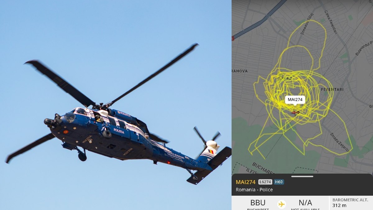 Elicopter al politiei albastru si alb pe cer/ imagine de pe flight radar cu zborurile acestuia