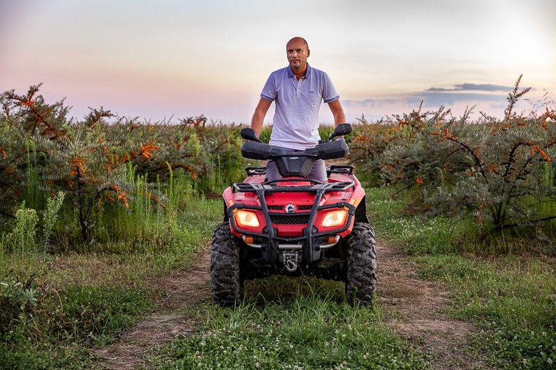 Urcat pe un ATV, Ilie Potecaru inspectează plantaţia