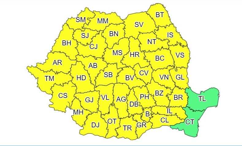 Doar două județe nu sunt vizate de codul galben, este vorba despre Constanța și Tulcea