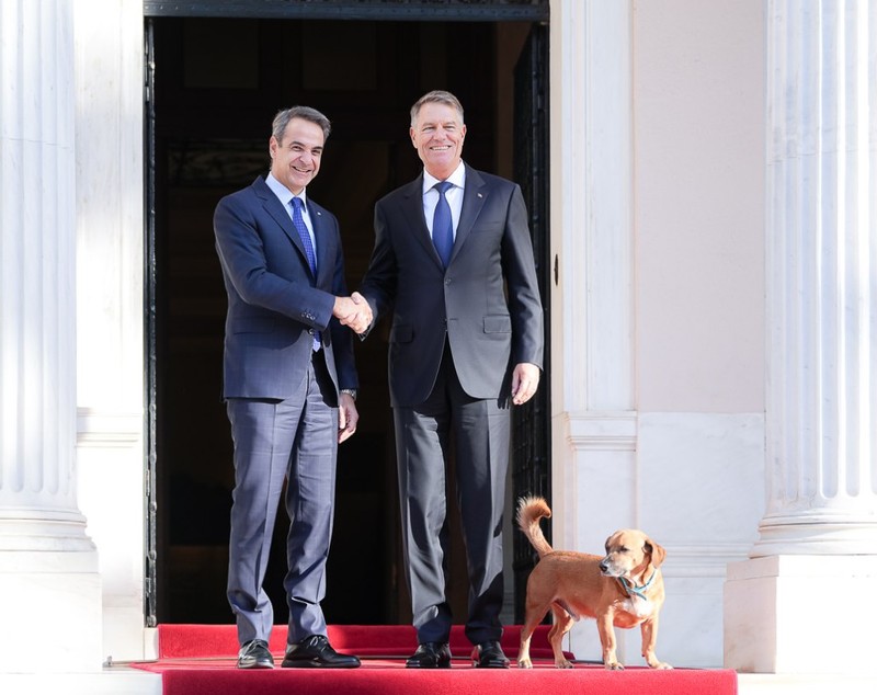 Klaus Iohannis, întâmpinat la Guvernul Greciei de celebrul câine adoptat de premierul Mitsotakis