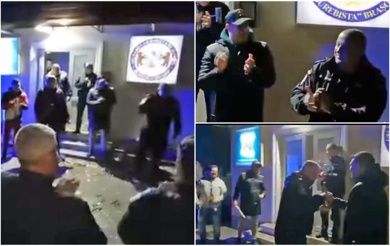 Jandarmii de la o unitate din Brașov și-au sărbătorit șeful la pensionare cu confetti și șampanie, chiar în fața sediului unității