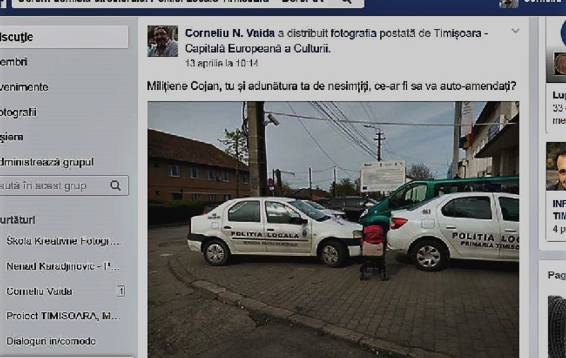 UPDATE: Doi polițiști locali din Timișoara, amendați după ce au blocat trotuarul. Sancțiune și pentru timișoreanul care i-a pozat