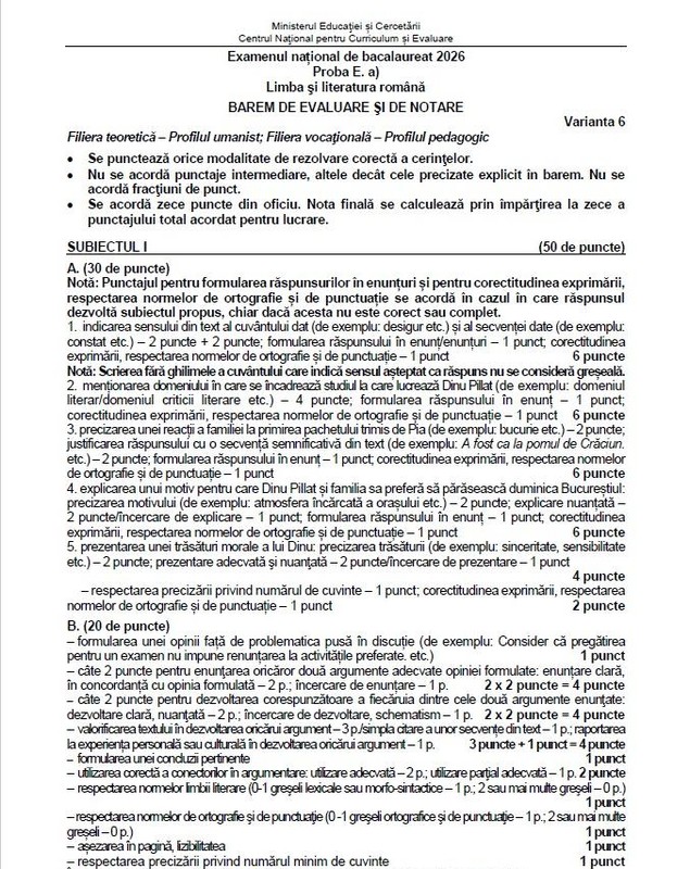 Baremul de corectare la BAC Română 2026