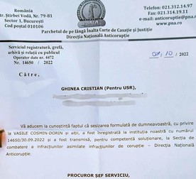 Adresa trimisă de DNA membrului USR Cristian Ghinea, fost ministru al Proiectelor Europene, datată 7 octombrie