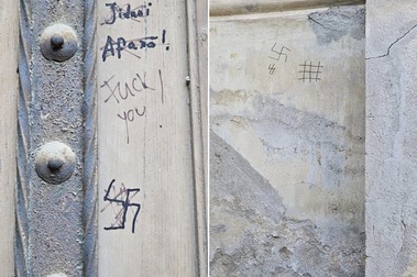 Poze publicate de jurnalistul William Totok cu simbolurile extremiste de dreapta desenate pe sinagoga din cartierul Fabric, din Timișoara, pe 21/22 septembrie 2023.