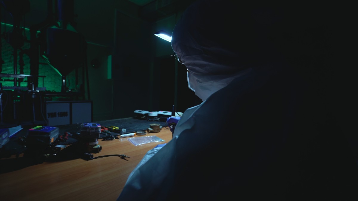 Un cercetător în combinezon, într-un laborator improvizat
