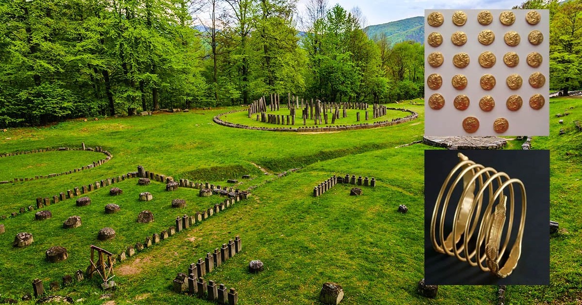 Colaj cu cetatea Sarmisegetusa Regia, monede de aur si o bratara de aur dispăruta