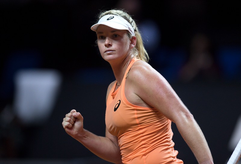 epa06696735 CoCo Vandeweghe of the USA reacts after her quarterfinal match against Simona Halep of Romania at the Porsche Tennis Grand Prix tournament in Stuttgart, Germany, 27 April 2018. Vandeweghe won in two sets. EPA-EFE/DANIEL KOPATSCH