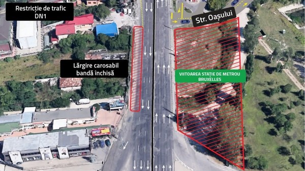 Hartă aeriană schematică a unei șosele (DN1) indicând organizarea de șantier și restricțiile de trafic aferente lucrărilor la viitoarea stație de metrou Bruxelles
