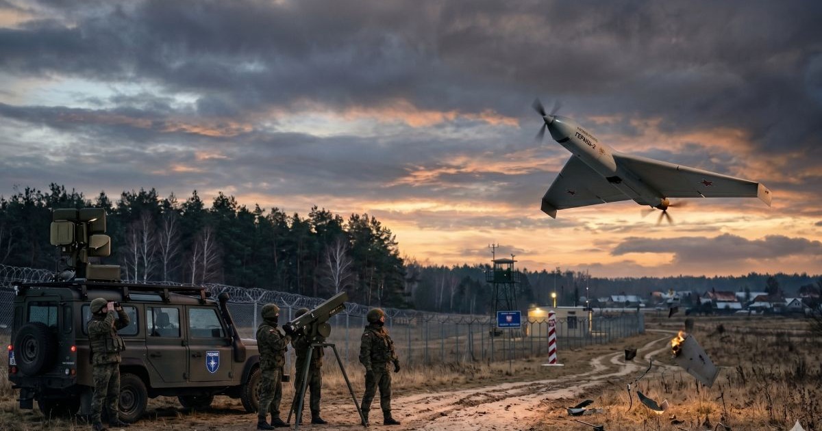 Militari cu arme în mâini, lângă un camion militar, pe câmp, cu o dronă care zboară pe cerul înnorat, imagine creată cu ajutorul Inteligenței Artificiale