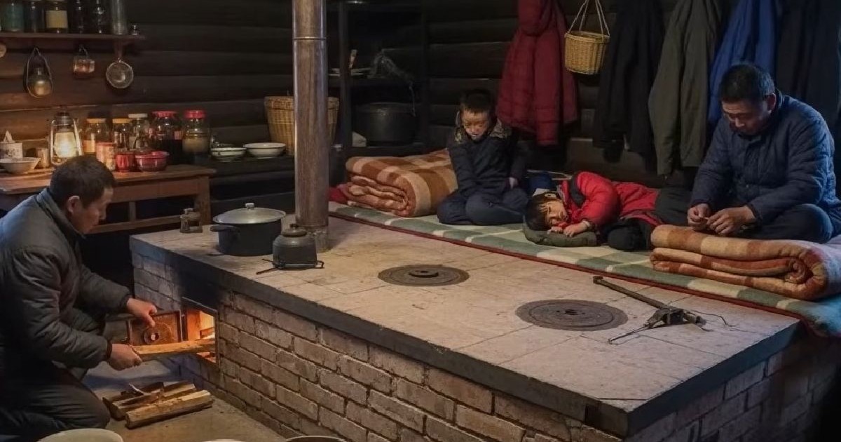 doi barabti chinei si un copil satu pe „kang” – un pat-platformă încălzit