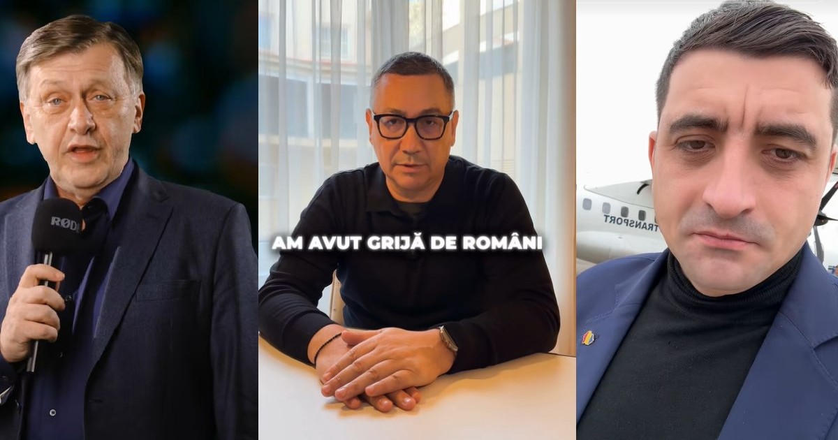 Crin Antonescu, îmbrăcat ăbtr-un costum închis la culoare, cu un microfon în mână, Victor Ponta, îmbrăcat în bluză neagră, așezat la o masă, George Simion îmbrăcat în costum bleumarin, cu bluză neagră