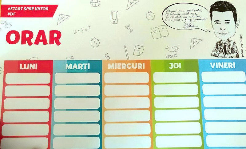 O poezie, semnătura și portretul primarului Daniel Florea apare pe o mulțime de orare distribuite elevilor din sectorul 5:“Dragul meu copil școlarDe urmezi acest orarSă te uiți în calendarC-ai șanse s-ajungi primar”