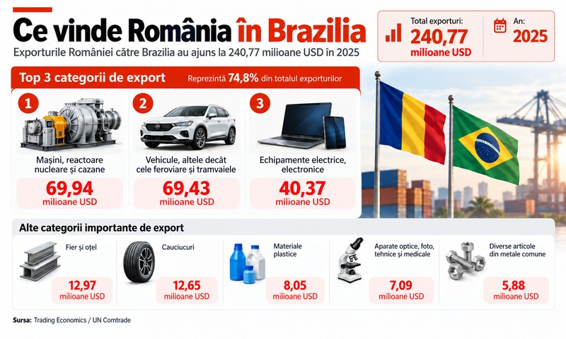 România a exportat în 2025 în Brazilia mărfuri de 240,77 milioane de dolari, în principal mașini și echipamente mecanice, vehicule și componente auto, dar și echipamente electrice și electronice. Imagine generată cu Inteligența Artificială