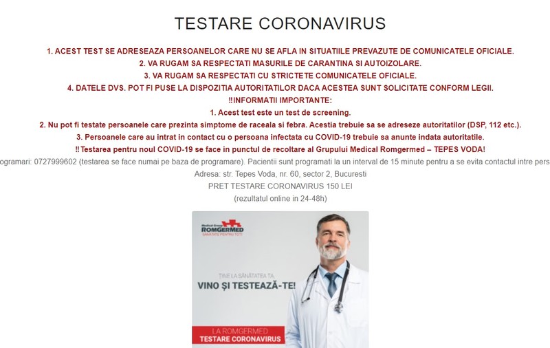 O clinică din București promite teste pentru coronavirus. În țară, sunt acreditate doar șapte centre, iar clinica nu este printre ele
