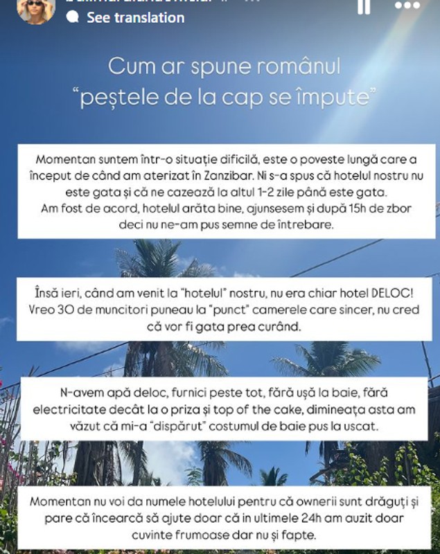 Șocul de care a avut parte Diana Bulimar atunci când ajuns la un hotel din Zanzibar. „Furnici peste tot, fără ușă la baie. Sunt într-o situație dificilă”