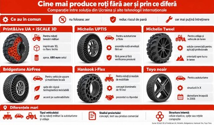 Michelin, Bridgestone, Hankook și Toyo dezvoltă tehnologii de roți fără aer, destinate unor vehicule diferite, de la autoturisme și utilaje până la roboți. Principalele diferențe sunt structura interioară, materialele utilizate și stadiul de dezvoltare, unele soluții fiind deja comercializate, iar altele încă în faza de testare. Sursă foto: Imagine generată cu ajutorul Inteligenței Artificiale
