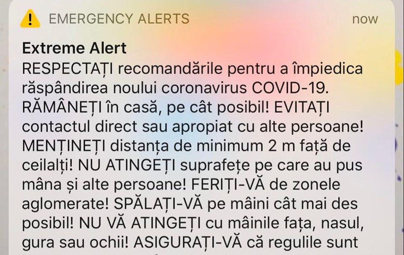 Avertizare RO-ALERT: Respectaţi recomandările pentru a împiedica răspândirea noului coronavirus. Rămâneţi în casă