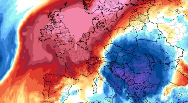 o hartă meteorologică a Europei ce indică o masă de aer rece, reprezentată în nuanțe de albastru și violet peste Europa de Est și Centrală, în contrast cu masele de aer cald reprezentate în roșu și roz în vestul continentului.