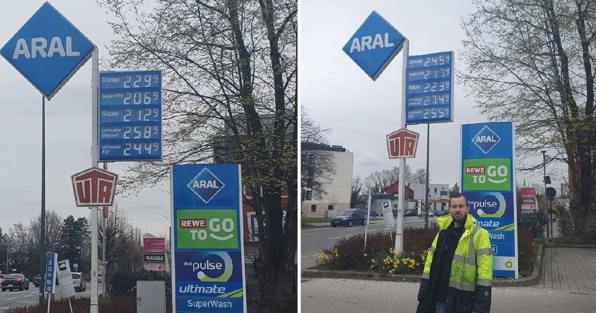 O stație de benzină i un angajat în fața ei